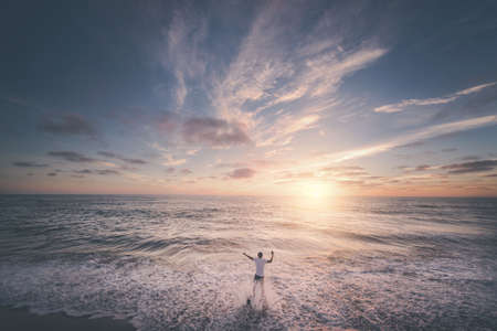 sea, ocean, water, waves, nature, horizon, beach, shore, coast, clouds, sky, people, man, alone