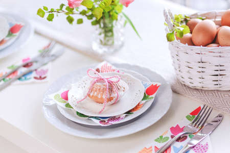 eggs, baskets, plate, table, setup, cutlery, napkin, restaurant, cupcake, muffin, sugar, food