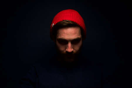 people, man, guy, face, red, beanie, dark