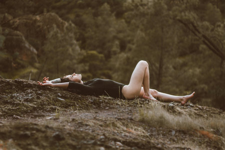 trees, plants, highland, grass, landscape, outdoor, people, girl, sexy, model