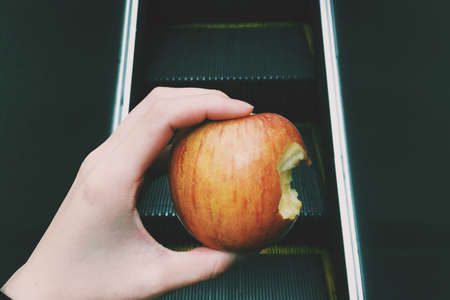 apple, fruit, food, juicy, hand, escalator