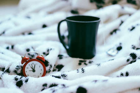 bed, sheet, blanket, room, interior, alarm, clock, tea, drink