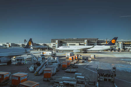 airplane, airline, travel, trip, blue, sky, flight, buildings, airport, container, van, baggage,...