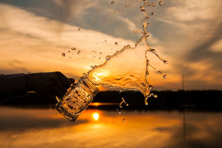 glass, jar, water, drink, sunset, silhouette, sky, cloud