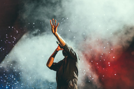 concert, singer, singing, stage, lights, spotlight, music, band, smoke, people, man