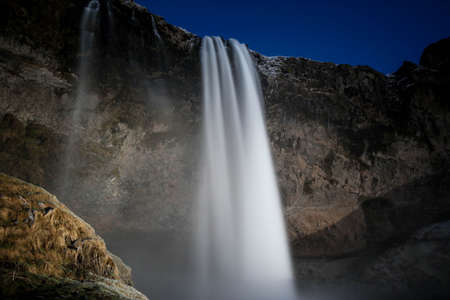 waterfalls, hill, mountain, highland, landscape, water, rocks, cliff, night