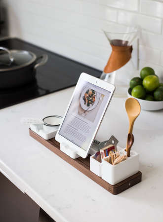 kitchen, utensils, ladle, fruits, table, cook, tablet, ipad, gadget, research, recipe, menu