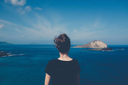 sea, ocean, blue, water, nature, island, outdoor, view, travel, people, girl, alone, cloud, sky
