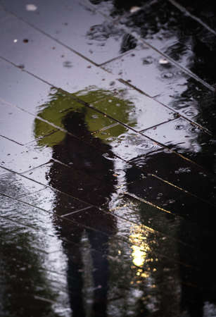 road, street, wet, water, rain, shadow, people, man, umbrella