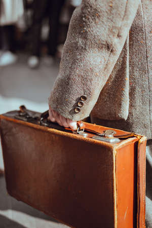 brown, leather, case, bag, people, coat, walking, business, man, woman