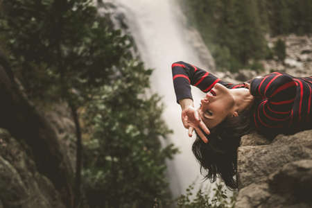 waterfalls, trees, plants, nature, rocks, hill, landscape, people, girl, relax