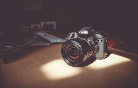 camera, lens, accessory, photography, sunlight, wooden, table, office