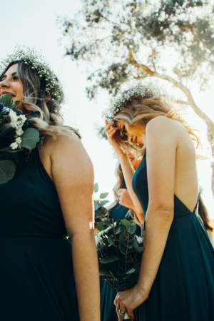 people, women, girls, bridesmaids, gown, wedding, flowers, tree, bokeh