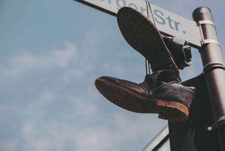clouds, sky, street, sign, shoe, footwear, hang