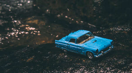 land, vehicle, travel, car, wet, rocks, river, water