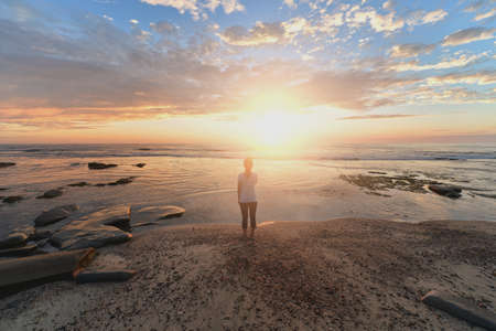 nature, water, aesthetic, girl, standing, view, woman, sea, ocean, clouds, sky, sunset, sunlight