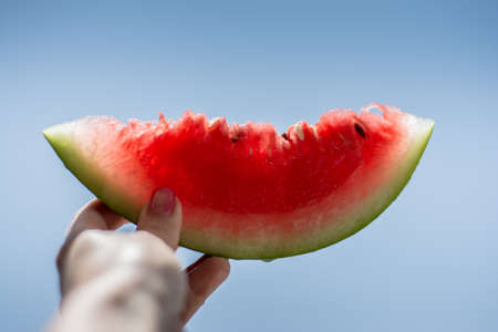 watermelon, fruit, fresh, juicy, health, food, hand, blue, sky