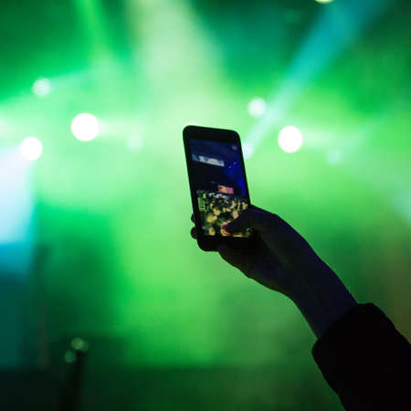 spotlights, mobile, phone, camera, photography, gadget, hand, silhouette
