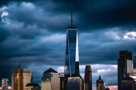 architecture, building, infrastructure, dark, clouds, sky, skyscraper, tower, skyline, city, urban