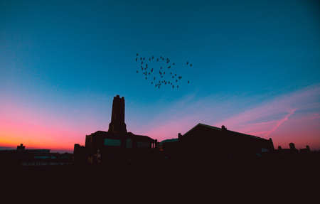 architecture, building, infrastructure, sunset, sky, cloud, silhouette