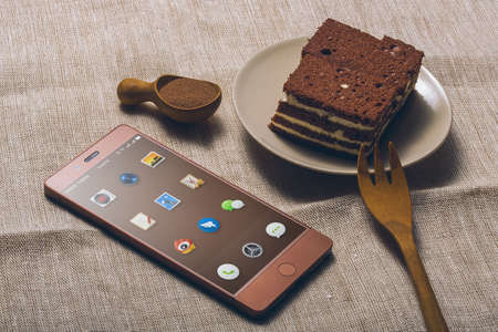 mobile, phone, electronic, gadget, modern, technology, touchscreen, dessert, chocolate, food, snack,...