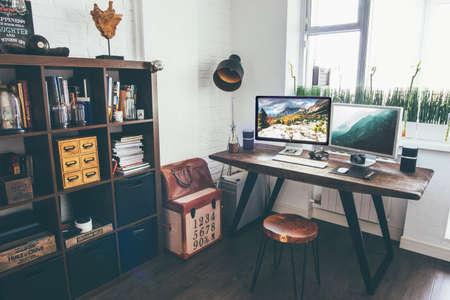 computer, browser, research, study, school, business, office, work, desk, books, shelf, lampshade