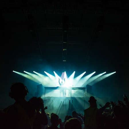stage, concert, rock, band, spotlights, dark, night, people, crowd, audience, silhouette, cameramen