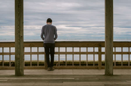 people, guy, man, standing, alone, outdoor, sea, ocean, view, horizon, wooden, cottage, landscape
