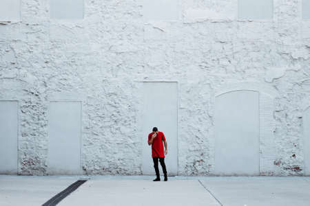 architecture, building, infrastructure, outside, white, wall, people, man, guy, standing, thinking,...