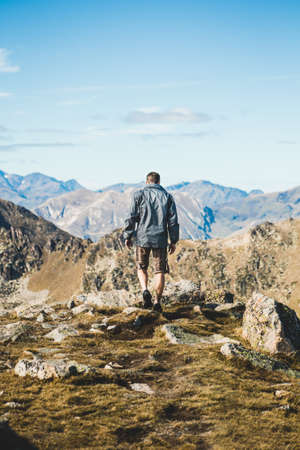 grass, mountain, valley, hill, cliff, rocks, landscape, blue, sky, clouds, people, man, alone,...