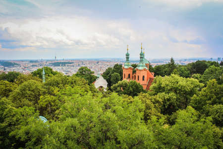 landscape,  trees,  synagoge,  view,  prague, sky, clouds, green, nature
