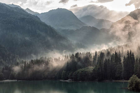 lake,  lakeside,  antholz,  sun rays,  fog, water, cottage, trees, mountains, hills, mist, sunshine