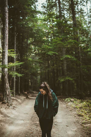 girl,  road,  trail,  dirt road,  hiking,  nature,  forest,  trees, hoodie, people, young, woods,...