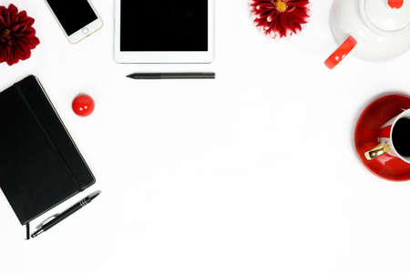 iphone,  ipad,  flat lay,  notebook,  workplace,  working,  minimalistic,  dahlia,  red dahlia, ...