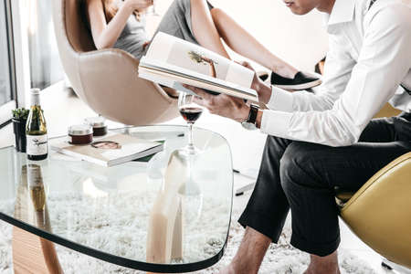 Modern,   living room,   relax,  comfort, couple, man, woman, glass, table, chair, room, wine, red,...