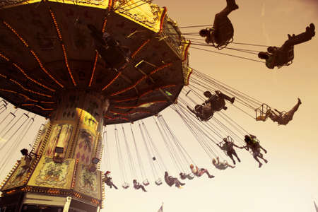 fun,   carousel,   carnival,   chairs,   daylight,   lights,   outdoors,   people,   theme park