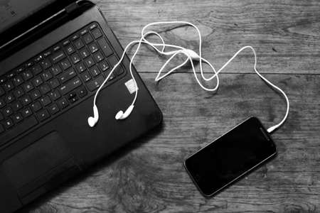 mobile,  phone,  laptop,  earphone, office, business, home, earphones, wood, table, black