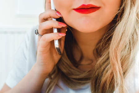 woman,  holding,  mobile,  device,  phone,  technology,  red lipstick,  lipstick,  red,  blonde...