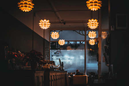 rustic,  restaurant,  business,  lamps,  lights,  tables,  counter,  man,  waiter,  barman,  dark, ...