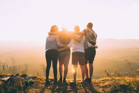 friends,  hugging,  mountain,  people,  man,  woman,  happy,  close,  family,  sunset,  nature