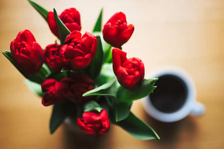 red,  tulip,  coffee,  overhead,  view,  black,  drink,  food,  nature,  love