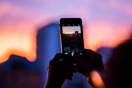 photo,  camera,  sky, iphone, ios, sunset, blur, glow, red, blue, hold, hands, photograph, shot