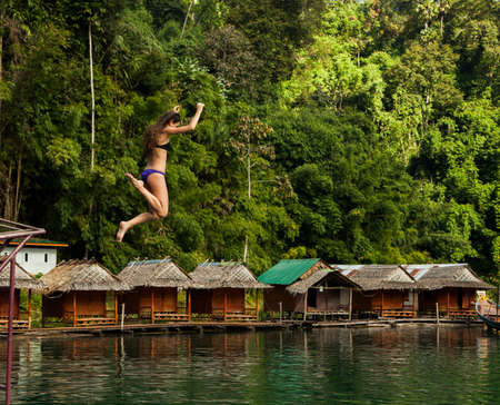 woman,  jumping,  water,  huts,  sea,  river,  lake,  trees,  jungle,  travel,  adventure,  people, ...