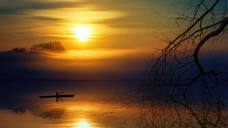 river,  sunset,  fog,  foggy,  boat,  reflection,  mirror, nature, landscape