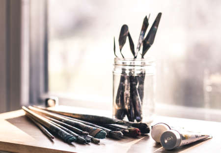 art,  paint,  tools,  artist,  window,  studio,  office,  desk,  paint brush,  jar,  glass,  paint...