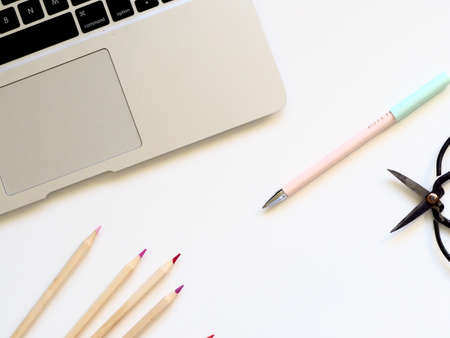 macbook,  pens,  pencils,  artist,  creative,  designer,  red,  white background,  scissors, ...