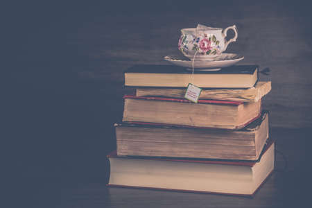 stack,  antique,  book,  cup,  tea,  tea bag,  table wood,  rustic,  classic,  food,  drink