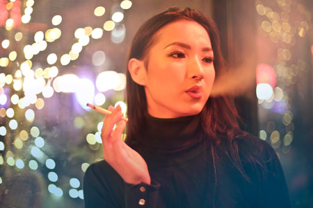 pretty,  woman,  smoking,  cigarette,  blow,  smoke,  bokeh,  lights,  female,  girl