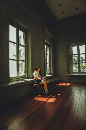 girl,  reading,  magazine,  book,  alone,  room,  desk,  window,  house,  home,  smile,  young, ...