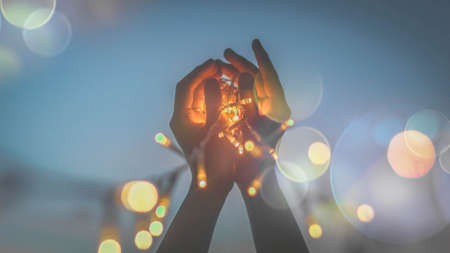 woman,  holding,  light,  fairy lights,  led,  bokeh,  hands,  sky,  night,  dusk,   people